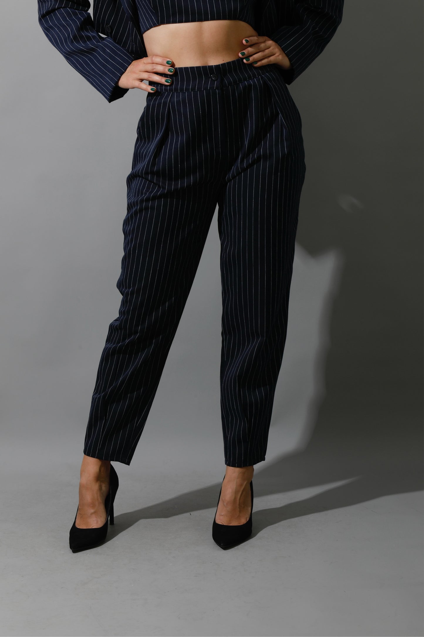 Striped Cropped Blazer, Bra Top & Paper-bag Pants Co-Ord - Navy