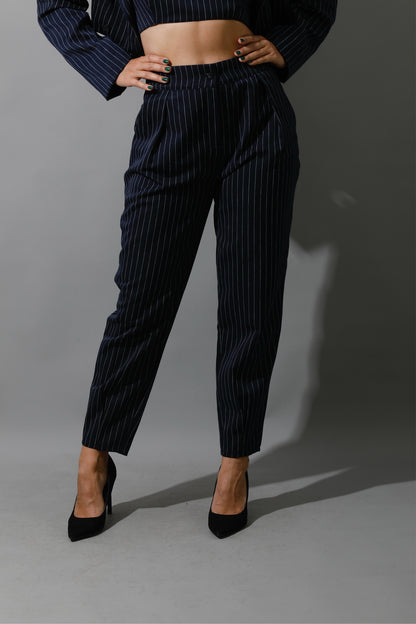 Striped Cropped Blazer, Bra Top & Paper-bag Pants Co-Ord - Navy