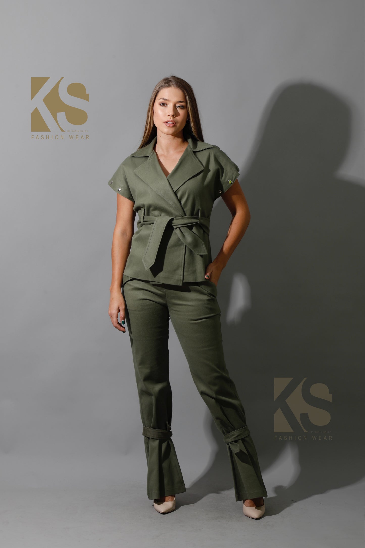 Co-Ord Detached Sleeves Jacket &  Tied BootCut pants - Olive
