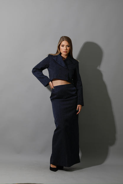 Striped Cropped Blazer Co-Ord - Navy