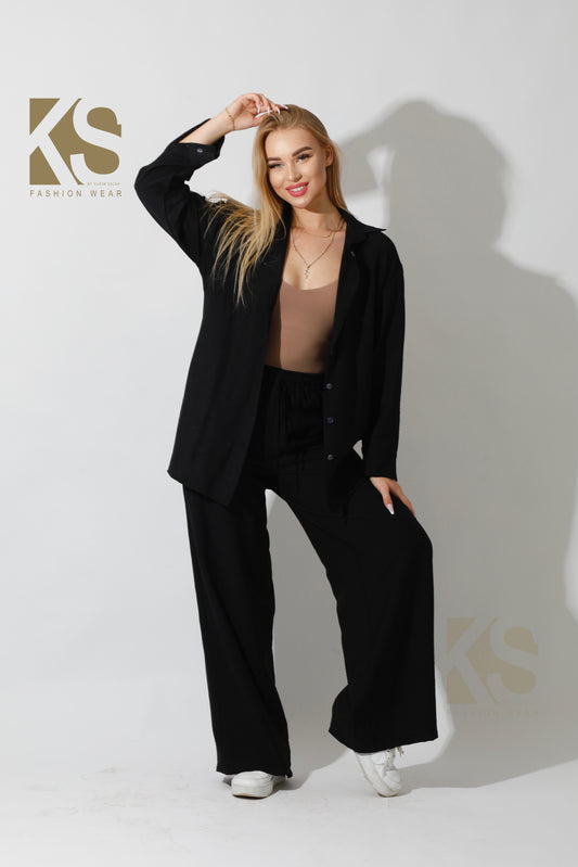 Co-Ord Long Sleeve Shirt & Wide Leg Trousers - Black