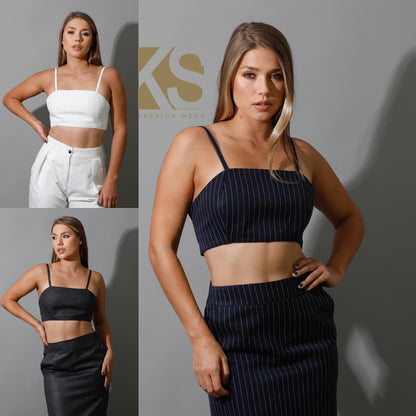 Striped Bra Top Co-Ord - White