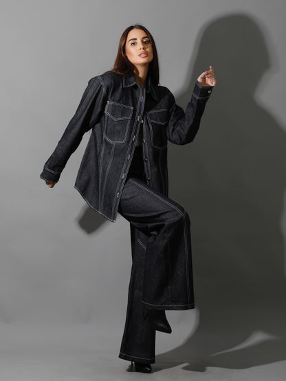 Co-Ord Jeans Cutout Shirt & Cutout Pants - Navy Blue