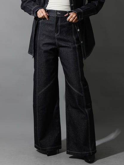 Co-Ord Jeans Cutout Shirt & Cutout Pants - Navy Blue