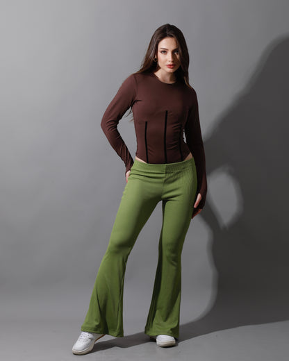 Slinky Flared Trousers - Kiwi Green