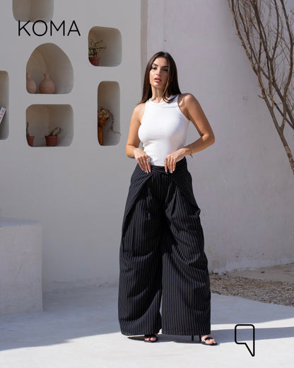 Stripped Double Pleated Trousers - Black