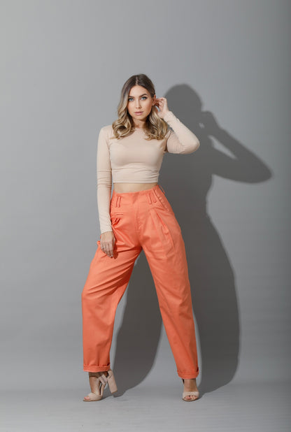 High Rise Paper-Bag Pants - Deep Saffron