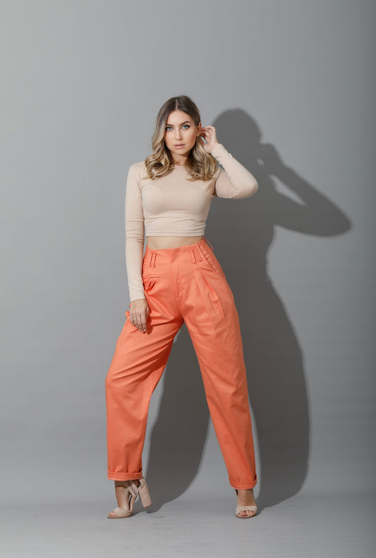 High Rise Paper-Bag Pants - Deep Saffron