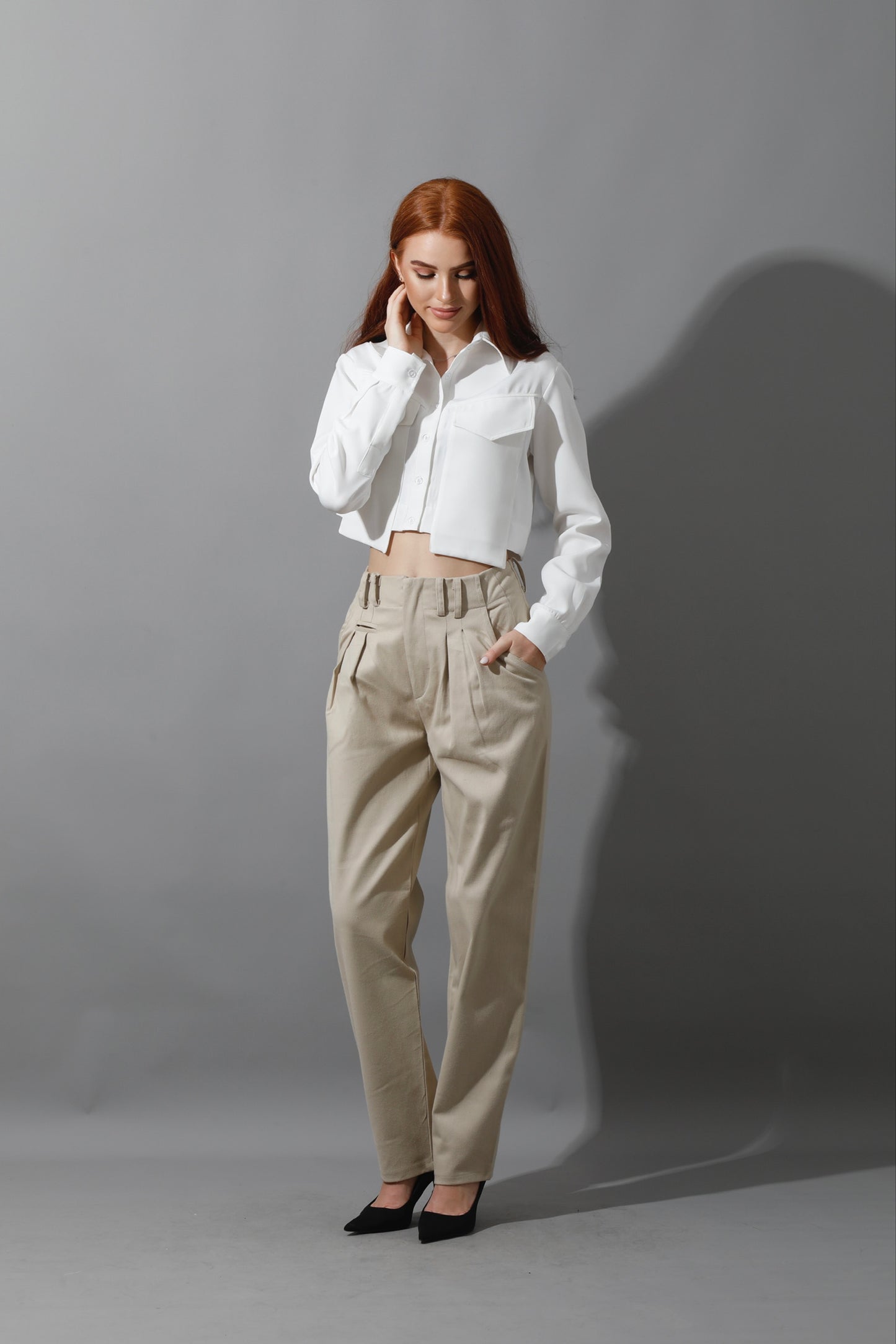 High Rise Paper-Bag Pants - Light Beige