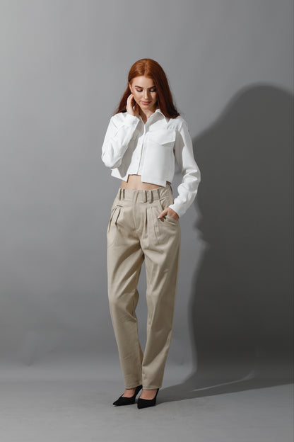 High Rise Paper-Bag Pants - Light Beige