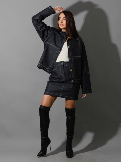 Co-Ord Jeans Sleeves Jacket - Navy Blue