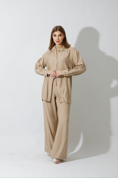 Co-Ord Long Sleeves Shirt - Beige