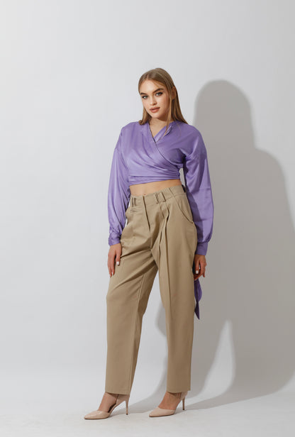 High Rise Paper-Bag Pants - Beige
