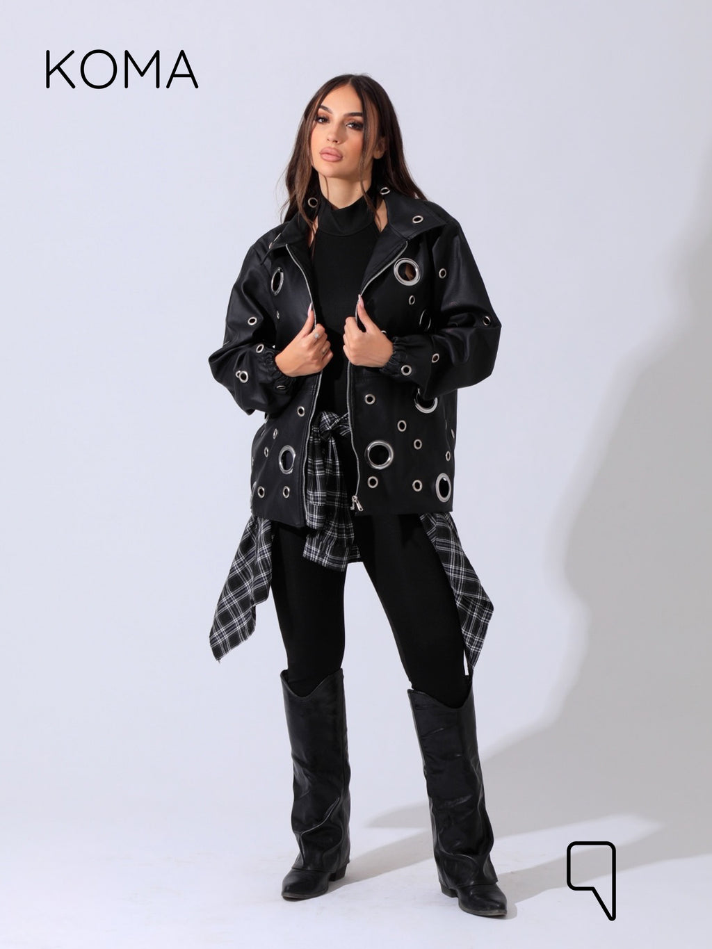 Cailyn Leather eyelet Jacket - Black