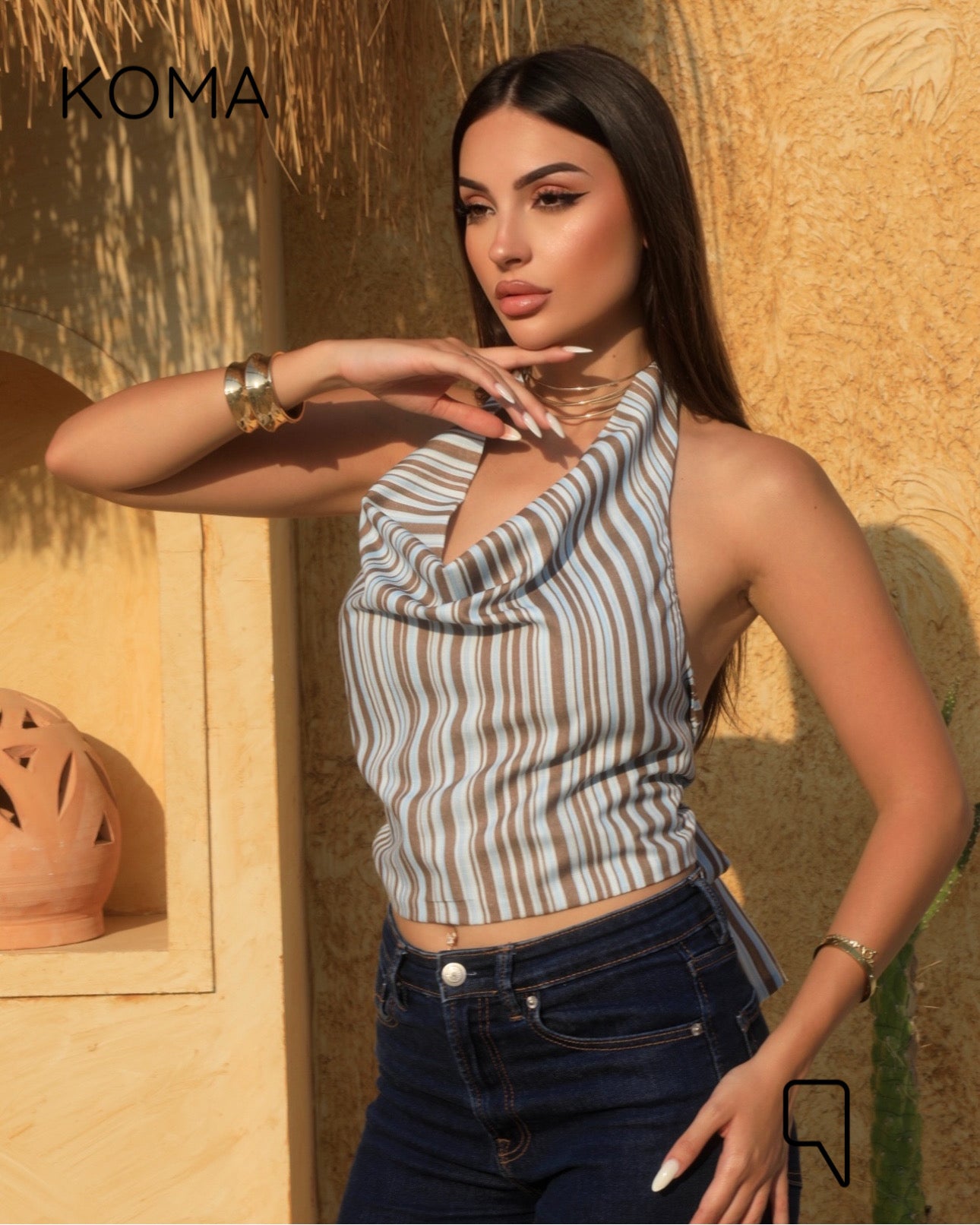 Ember Striped Tied Up Top - Brown