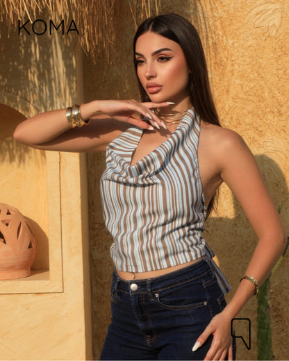 Ember Striped Tied Up Top - Brown