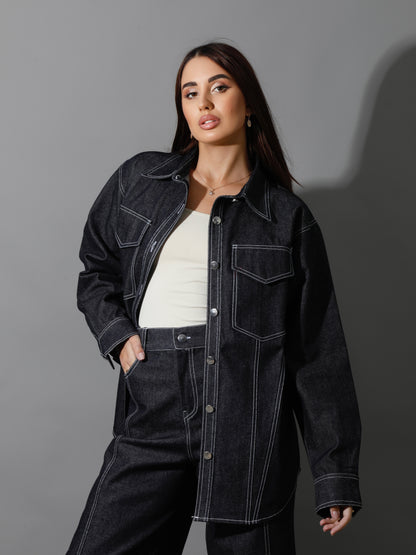 Co-Ord Jeans Cutout Shirt & Cutout Pants - Navy Blue