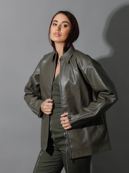 Leather Zipper Sleeved Jacket - Olive