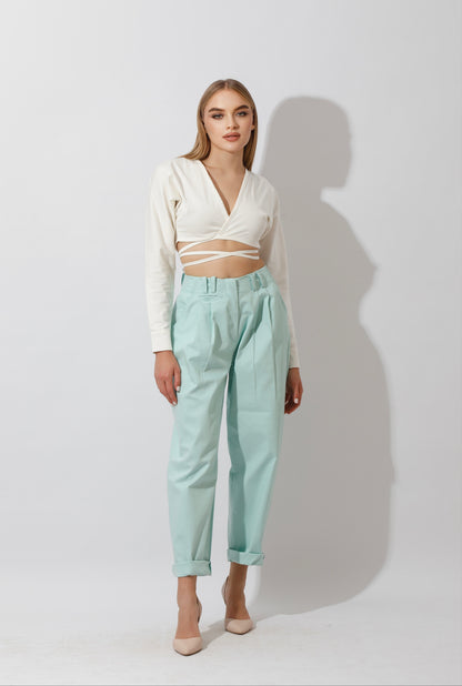 High Rise Paper-Bag Pants - Mint