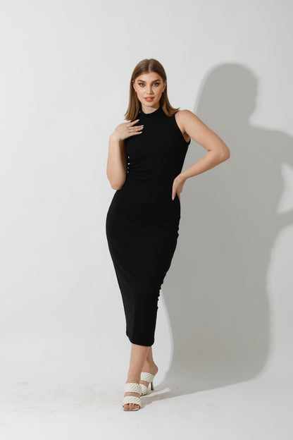 Slinky High Neck Midi Sleeveless Dress - Black