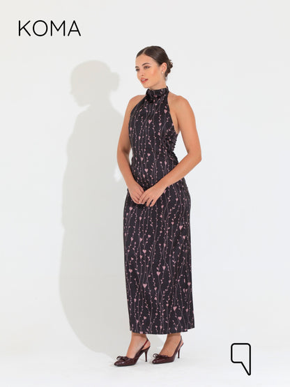 Dahlia Floral Backless Dress - Multicolored Black