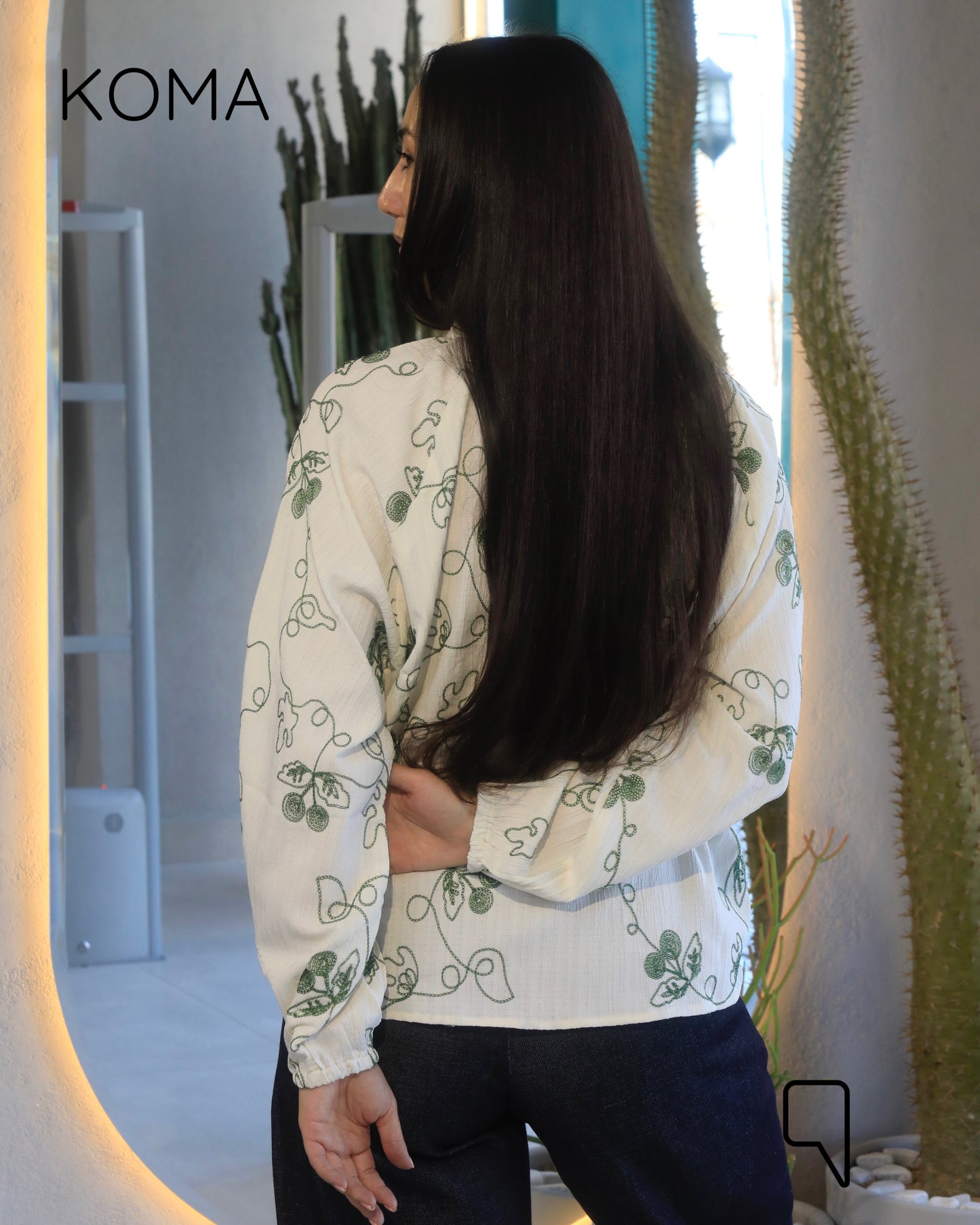 Elsie Rustic Textured Embroidered Blouse - Olive