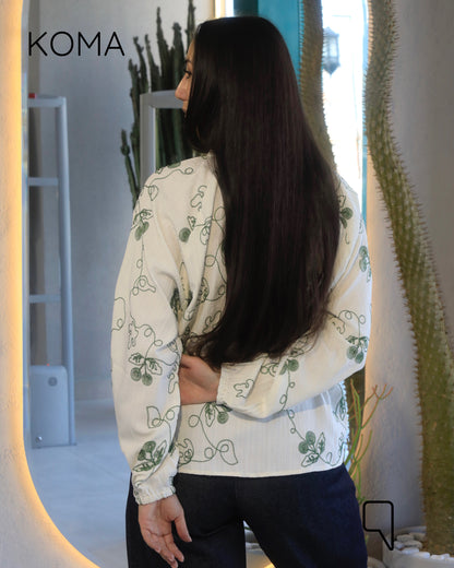 Elsie Rustic Textured Embroidered Blouse - Olive