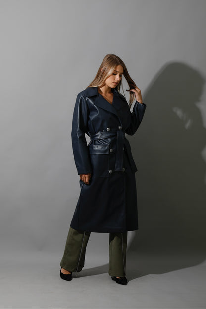 Textured Leather Coat - Navy