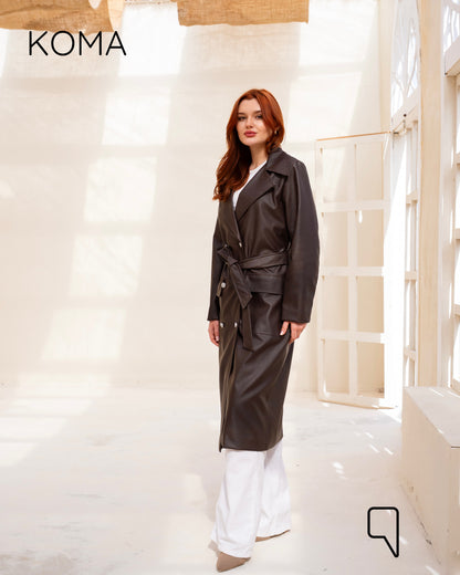 Textured Leather Coat - Dark Brown
