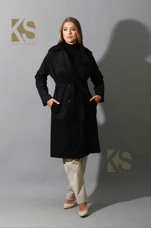 Wrapped Belted Trench Coat - Black