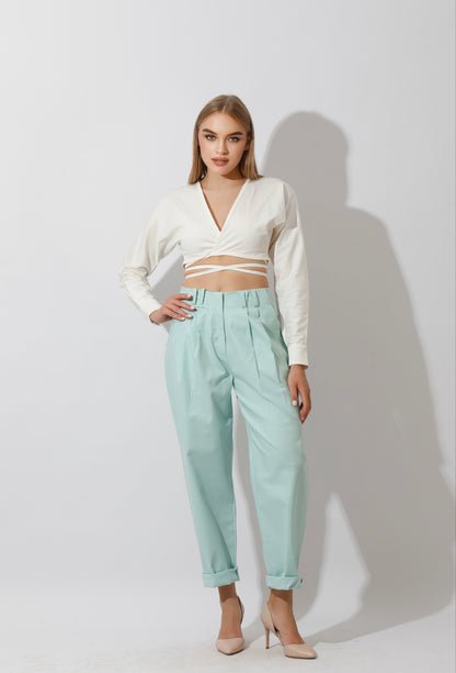 High Rise Paper-Bag Pants - Mint