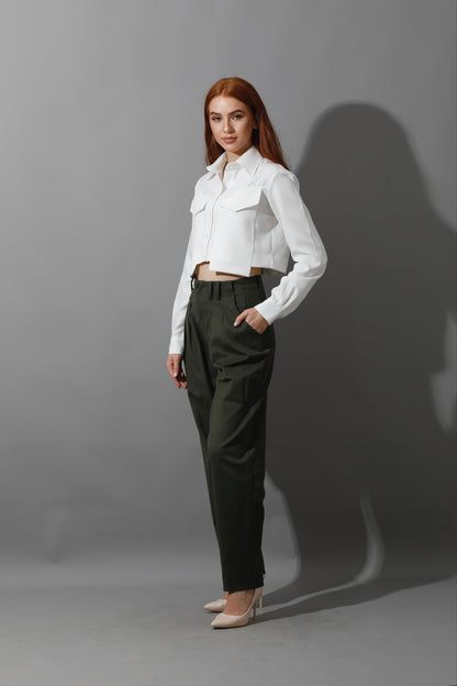 High Rise Paper-Bag Pants - Olive
