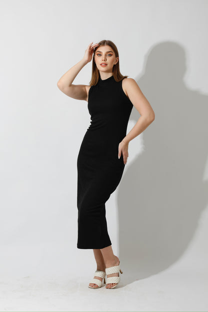 Slinky High Neck Midi Sleeveless Dress - Black