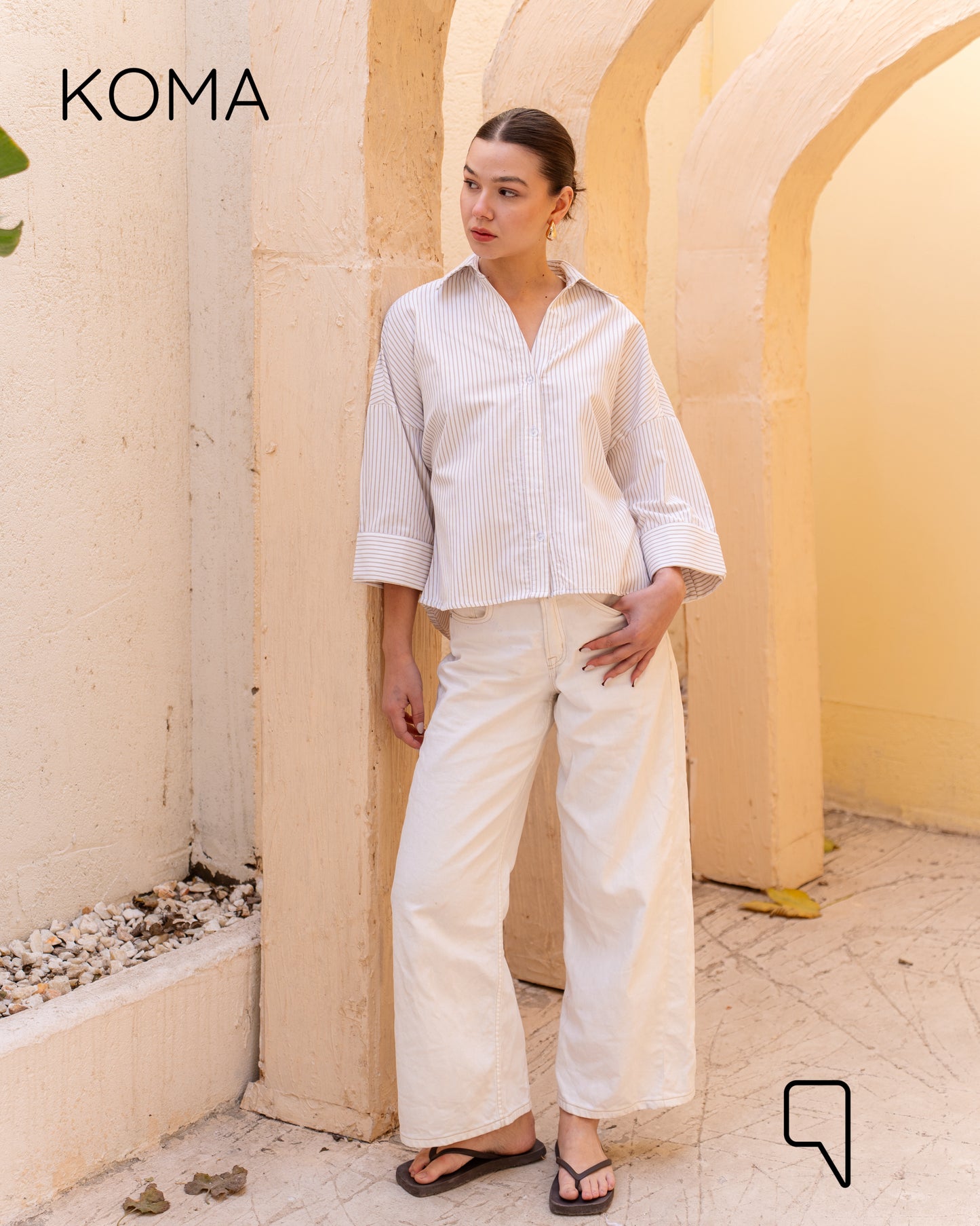 Sloane Striped Shirt With Wide Sleeves - Beige