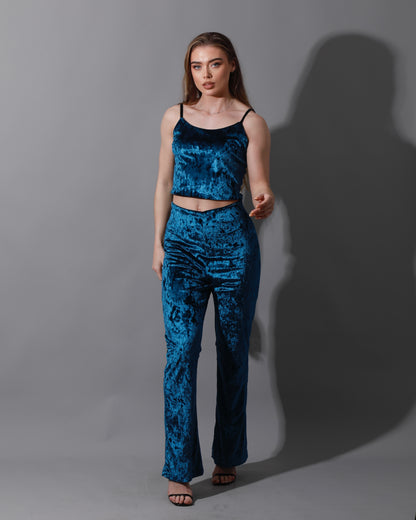 Velvet Crop Top & Bootcut Trousers Set - Petrol