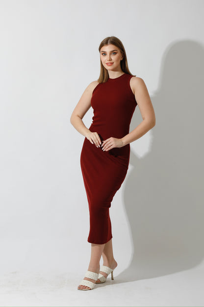 Slinky High Neck Midi Sleeveless Dress - Maroon