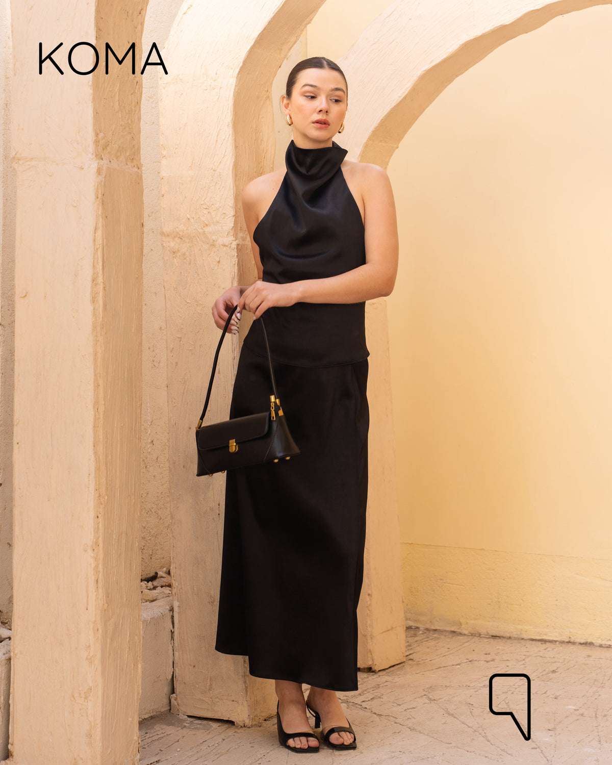 Violet Satin Halter Top & Midi Skirt Co-Ord - Black