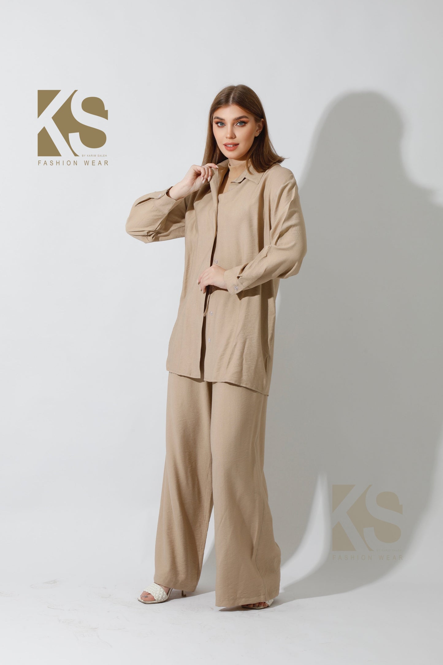 Wide Leg Trousers Set - Beige