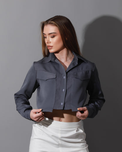 Pockets Cropped Shirt - Gray