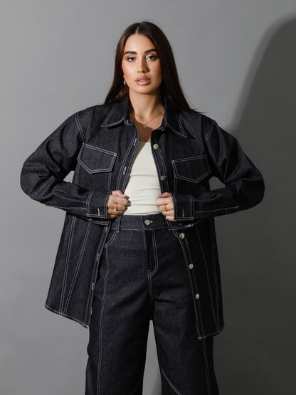 Co-Ord Jeans Cutout Shirt & Cutout Pants - Navy Blue