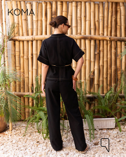 Leilani Stitched Shirt & Straight Trousers Set - Black