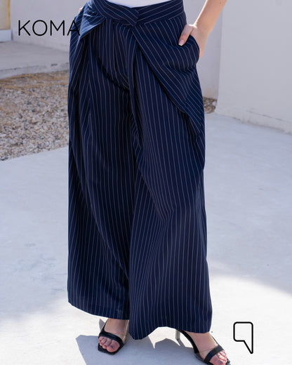 Stripped Double Pleated Trousers - Navy