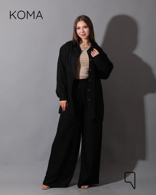 Co-Ord Lenin Long Sleeve Shirt & Wide Leg Trousers - Black