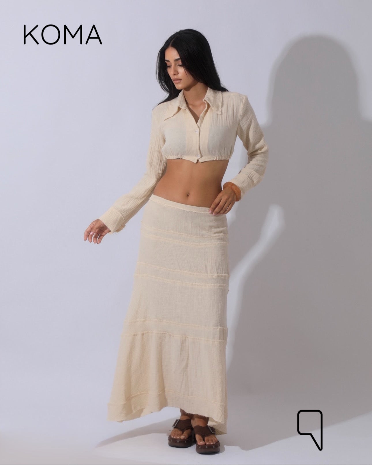 Greta Crincle Cropped Shirt & Skirt Set - Beige
