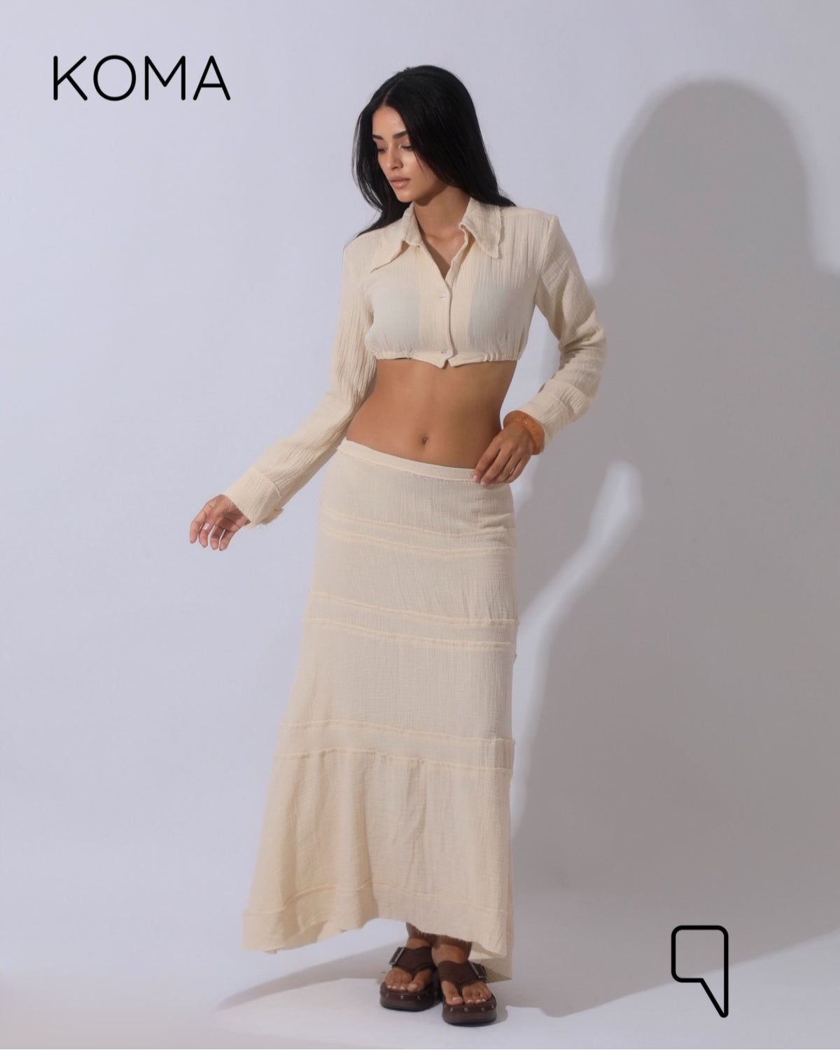 Greta Crincle Cropped Shirt & Skirt Set - Beige