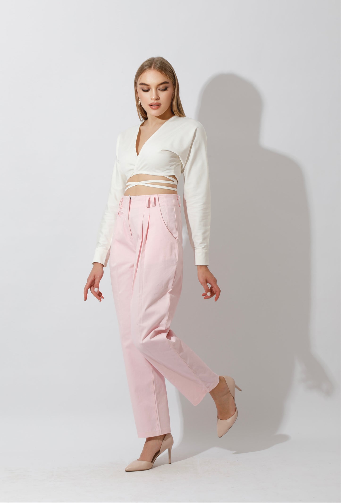 High Rise Paper-Bag Pants - Pink