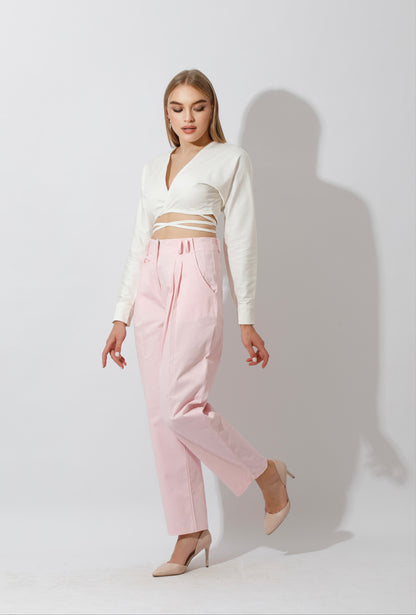 High Rise Paper-Bag Pants - Pink