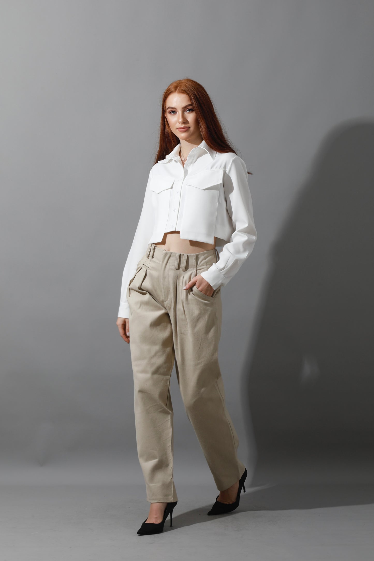 High Rise Paper-Bag Pants - Light Beige