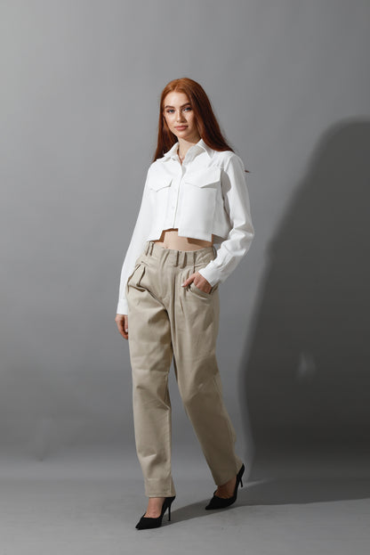 High Rise Paper-Bag Pants - Light Beige