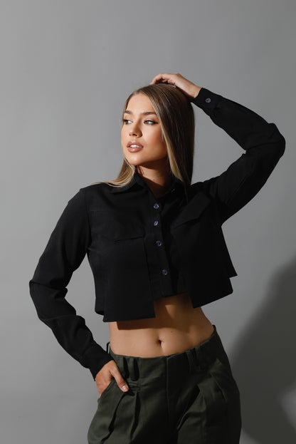 Pockets Cropped Shirt - Black